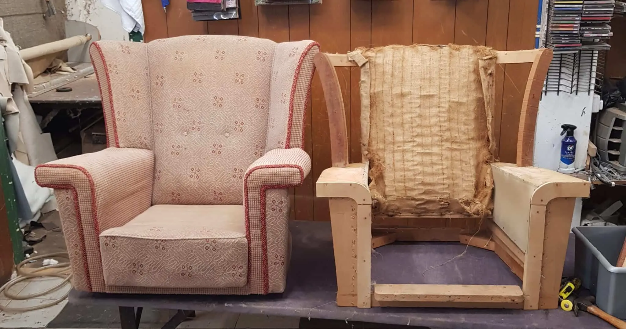 Pair of armchairs re-upholstered, before